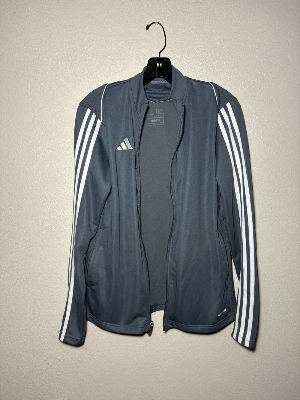 Adidas Slim Fit Blue-Gray Track Jacket with White Three-Stripes